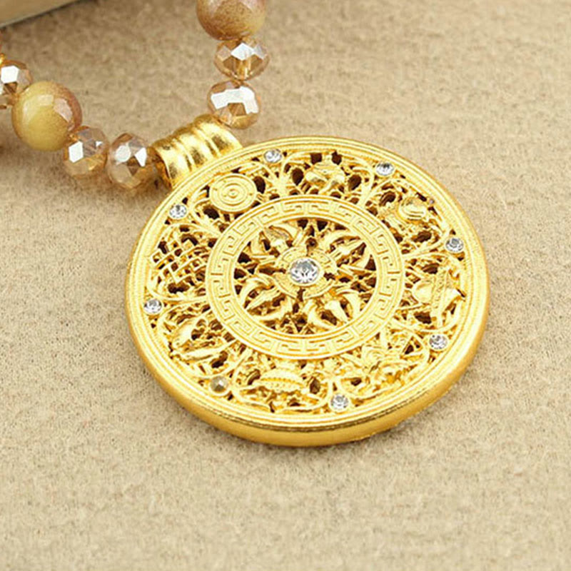 Wear FengShui Tibetan Lotus Round Plate Golden Tiger Eye Beads Necklace Pendant