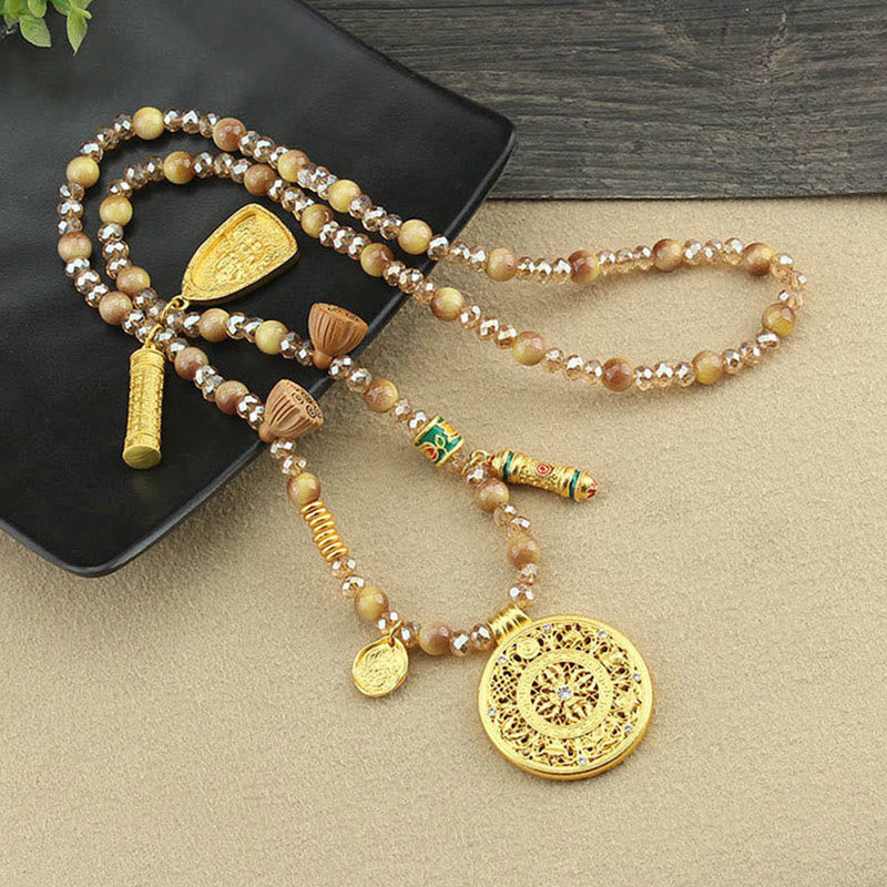 Wear FengShui Tibetan Lotus Round Plate Golden Tiger Eye Beads Necklace Pendant