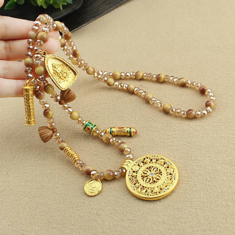 Wear FengShui Tibetan Lotus Round Plate Golden Tiger Eye Beads Necklace Pendant