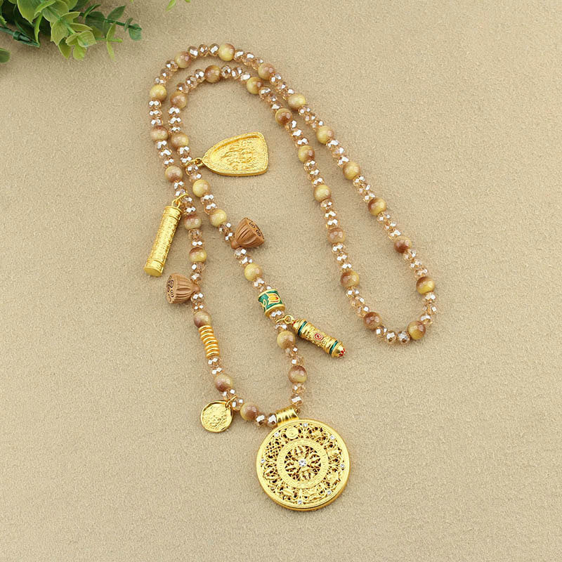 Wear FengShui Tibetan Lotus Round Plate Golden Tiger Eye Beads Necklace Pendant