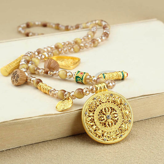 Wear FengShui Tibetan Lotus Round Plate Golden Tiger Eye Beads Necklace Pendant