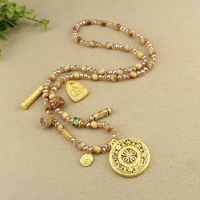 Wear FengShui Tibetan Lotus Round Plate Golden Tiger Eye Beads Necklace Pendant