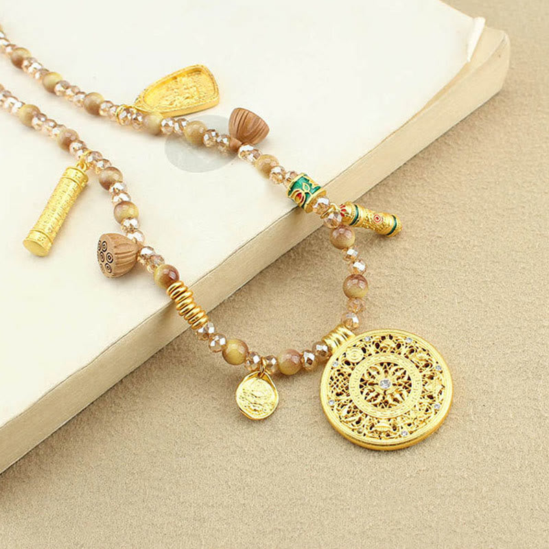 Wear FengShui Tibetan Lotus Round Plate Golden Tiger Eye Beads Necklace Pendant