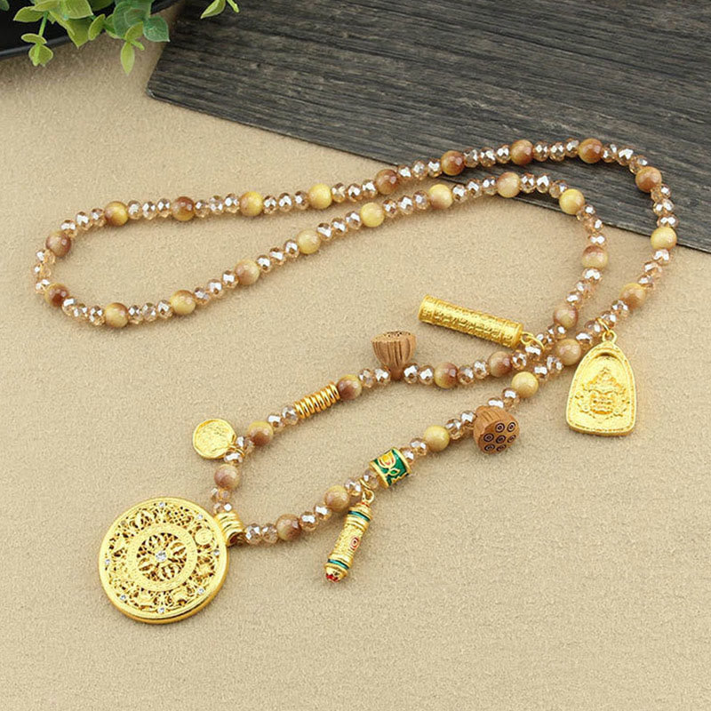 Wear FengShui Tibetan Lotus Round Plate Golden Tiger Eye Beads Necklace Pendant