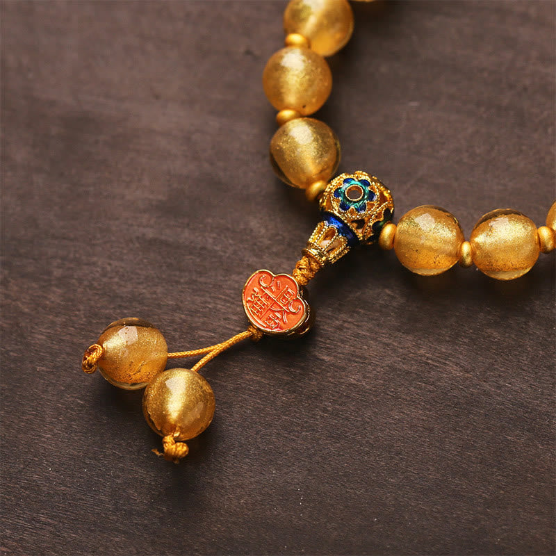 Wear FengShui Gold Foil Liuli Glass Bead Ruyi Golden Ingot Fortune Bracelet