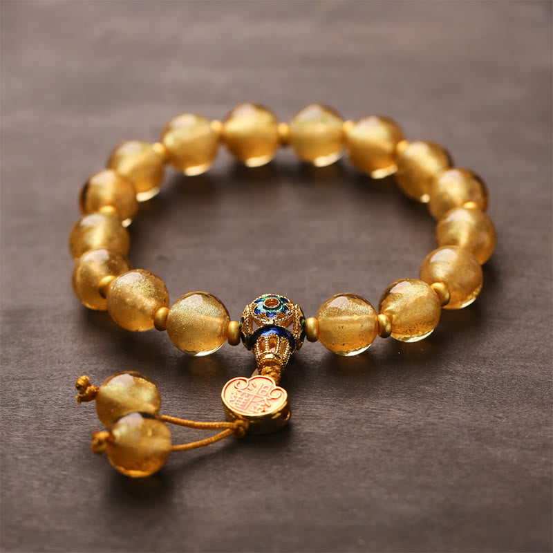 Wear FengShui Gold Foil Liuli Glass Bead Ruyi Golden Ingot Fortune Bracelet