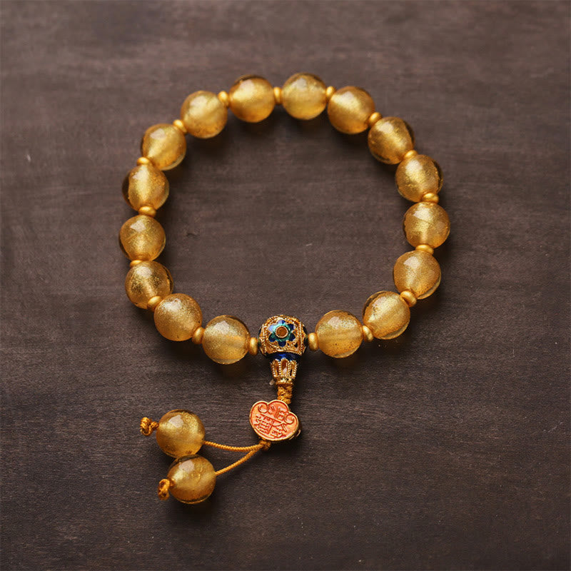 Wear FengShui Gold Foil Liuli Glass Bead Ruyi Golden Ingot Fortune Bracelet