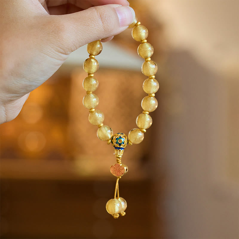 Wear FengShui Gold Foil Liuli Glass Bead Ruyi Golden Ingot Fortune Bracelet