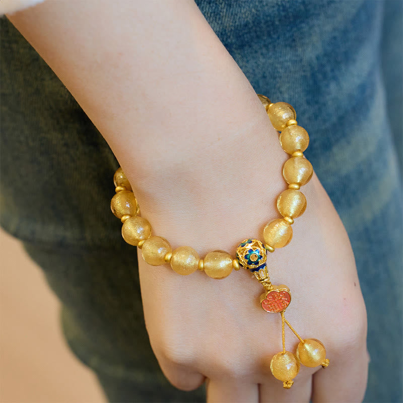 Wear FengShui Gold Foil Liuli Glass Bead Ruyi Golden Ingot Fortune Bracelet
