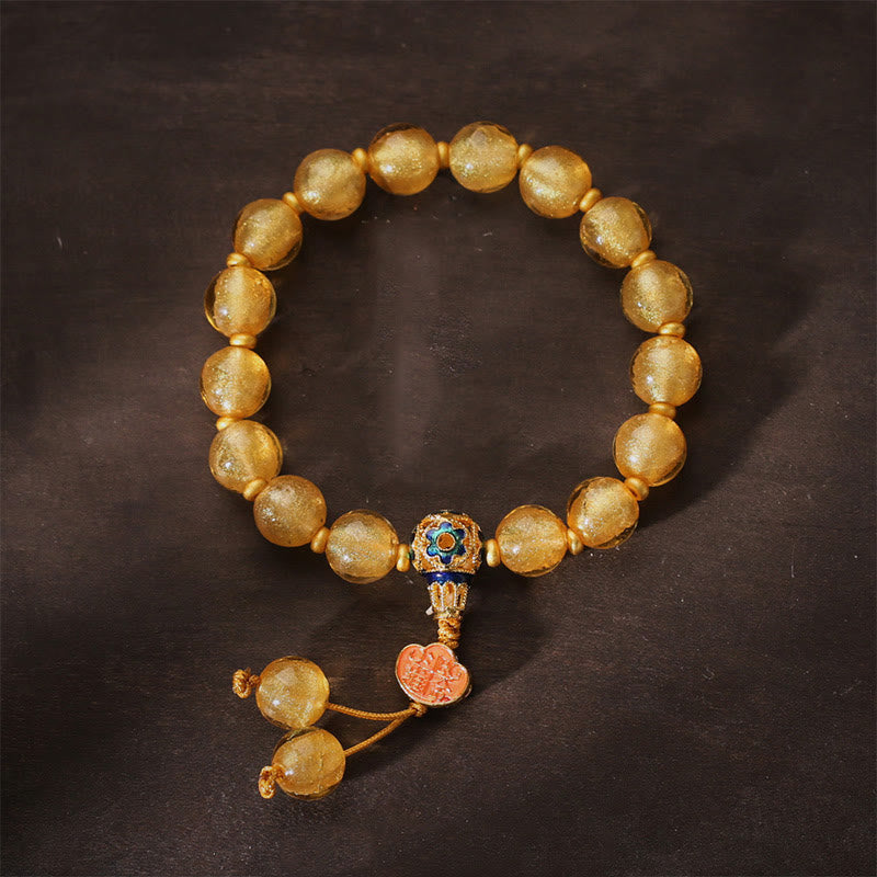 Wear FengShui Gold Foil Liuli Glass Bead Ruyi Golden Ingot Fortune Bracelet