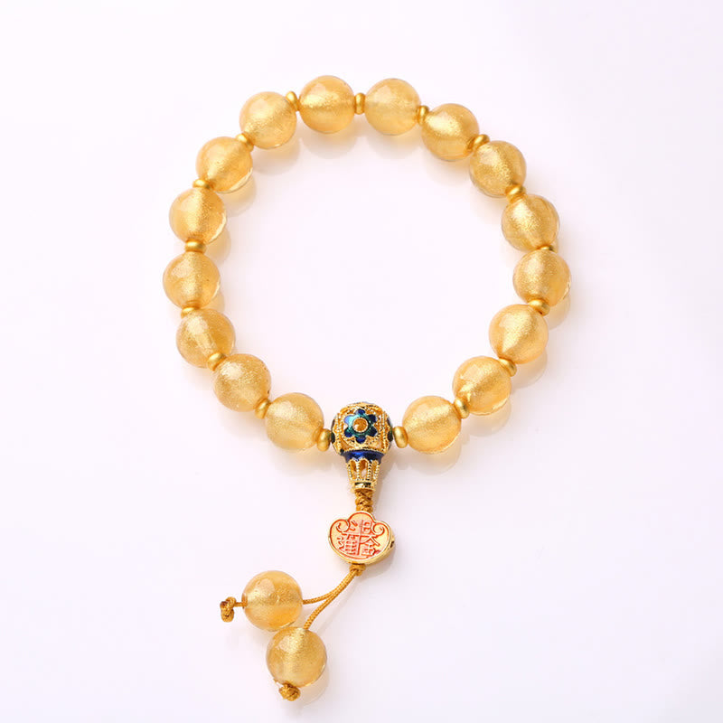 Wear FengShui Gold Foil Liuli Glass Bead Ruyi Golden Ingot Fortune Bracelet