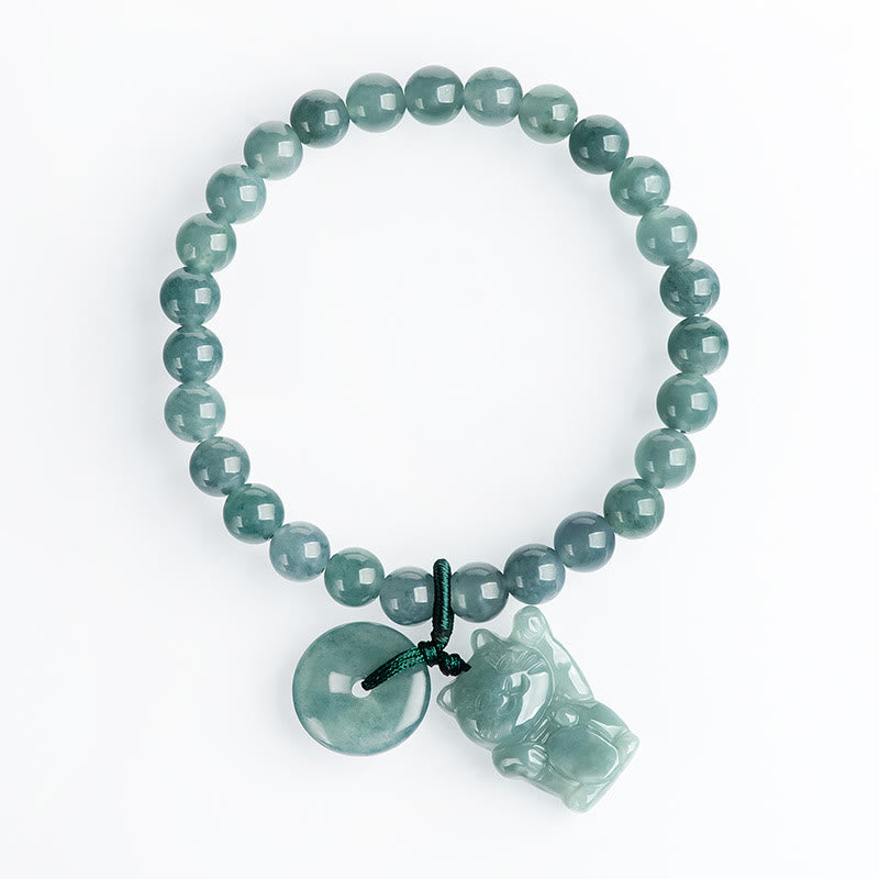 Wear FengShui Blue Jade Peace Buckle Lucky Cat Prosperity Bracelet