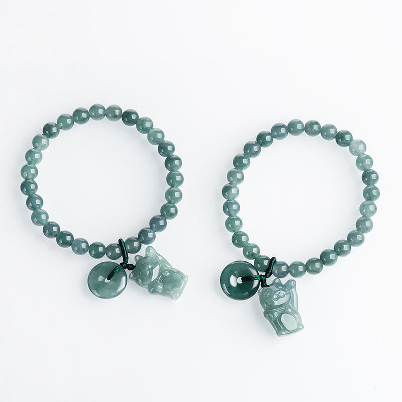 Wear FengShui Blue Jade Peace Buckle Lucky Cat Prosperity Bracelet