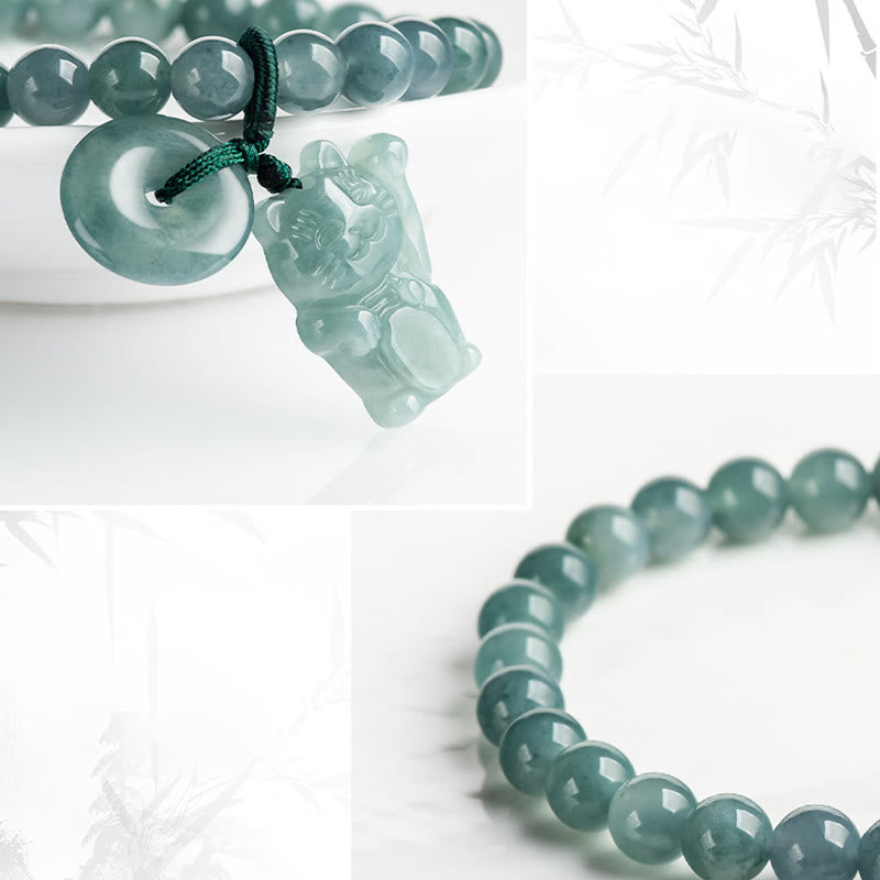 Wear FengShui Blue Jade Peace Buckle Lucky Cat Prosperity Bracelet
