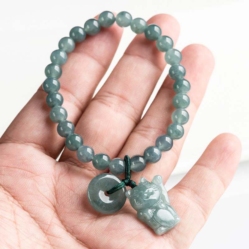 Wear FengShui Blue Jade Peace Buckle Lucky Cat Prosperity Bracelet