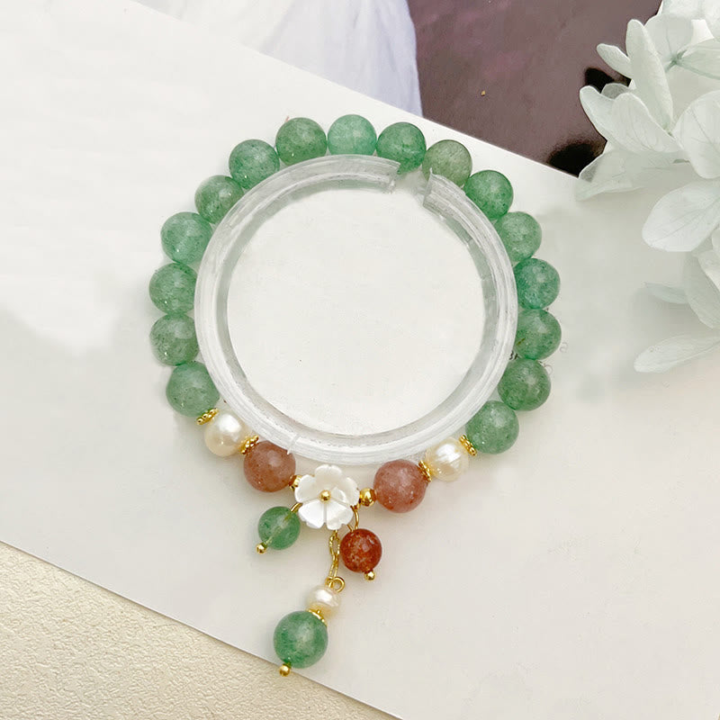 Wear FengShui Green Strawberry Quartz Shell Peach Blossom Soothing Bracelet