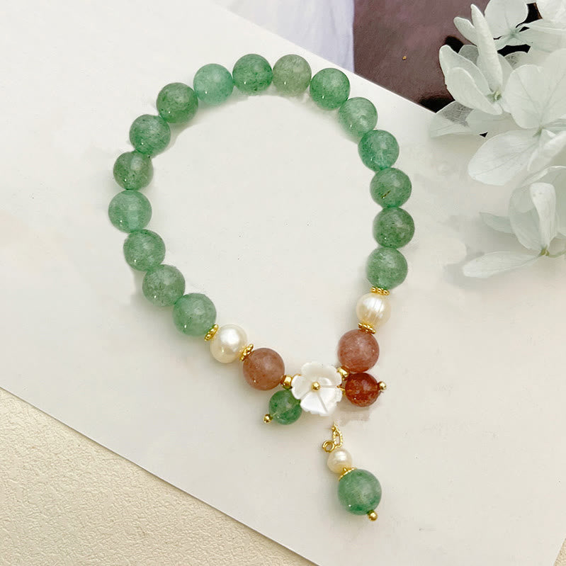 Wear FengShui Green Strawberry Quartz Shell Peach Blossom Soothing Bracelet