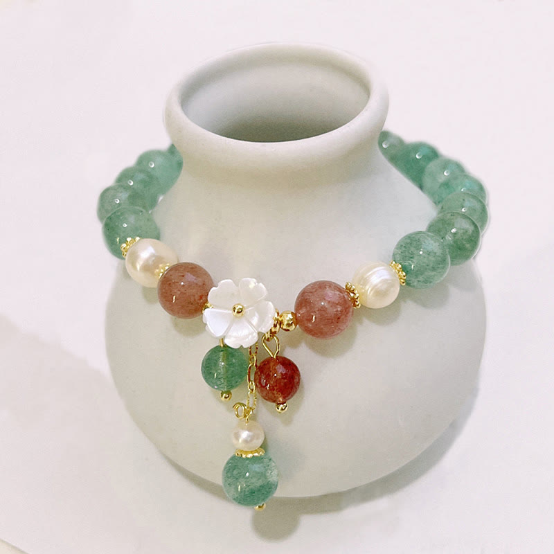 Wear FengShui Green Strawberry Quartz Shell Peach Blossom Soothing Bracelet