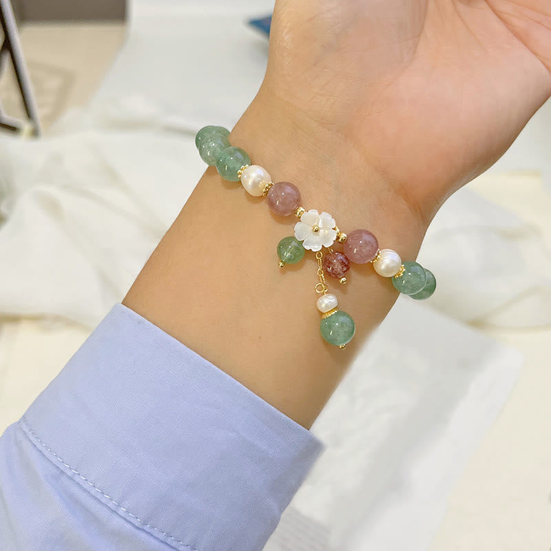 Wear FengShui Green Strawberry Quartz Shell Peach Blossom Soothing Bracelet