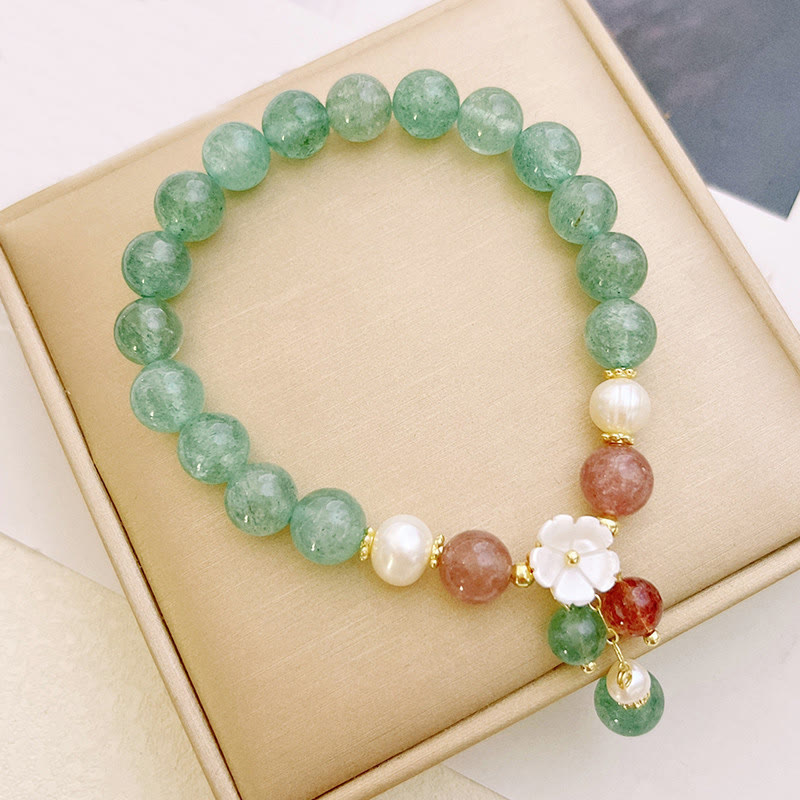 Wear FengShui Green Strawberry Quartz Shell Peach Blossom Soothing Bracelet