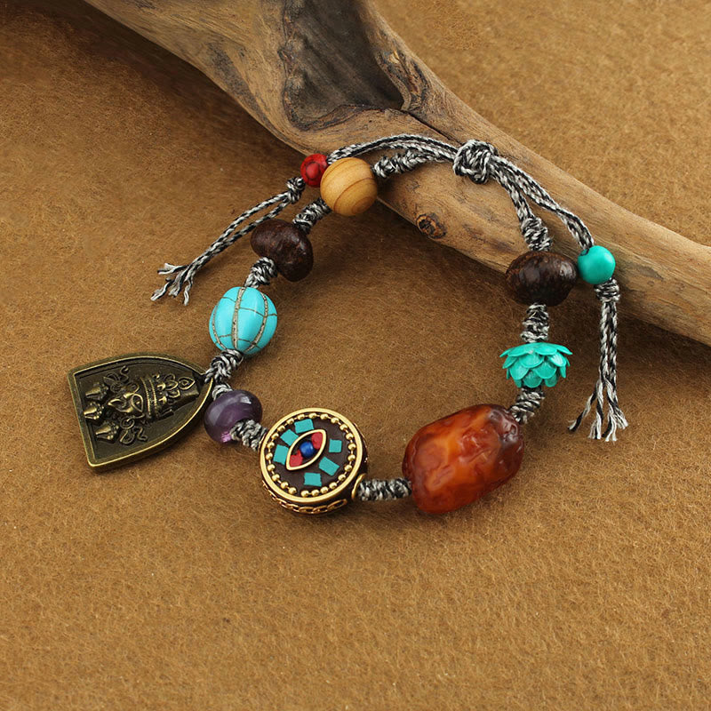 Wear FengShui Tibetan Buddha's Eye Turquoise Lotus Zakiram Protection Rope Bracelet