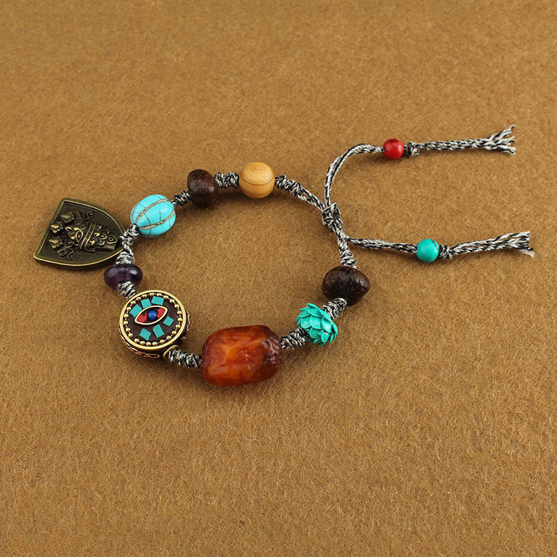 Wear FengShui Tibetan Buddha's Eye Turquoise Lotus Zakiram Protection Rope Bracelet