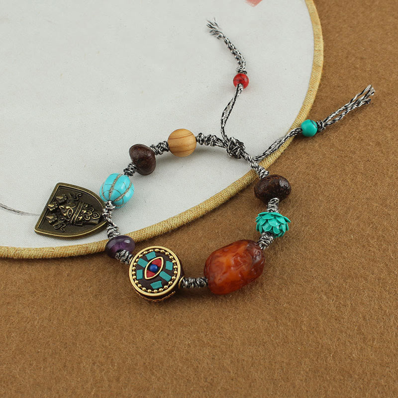 Wear FengShui Tibetan Buddha's Eye Turquoise Lotus Zakiram Protection Rope Bracelet