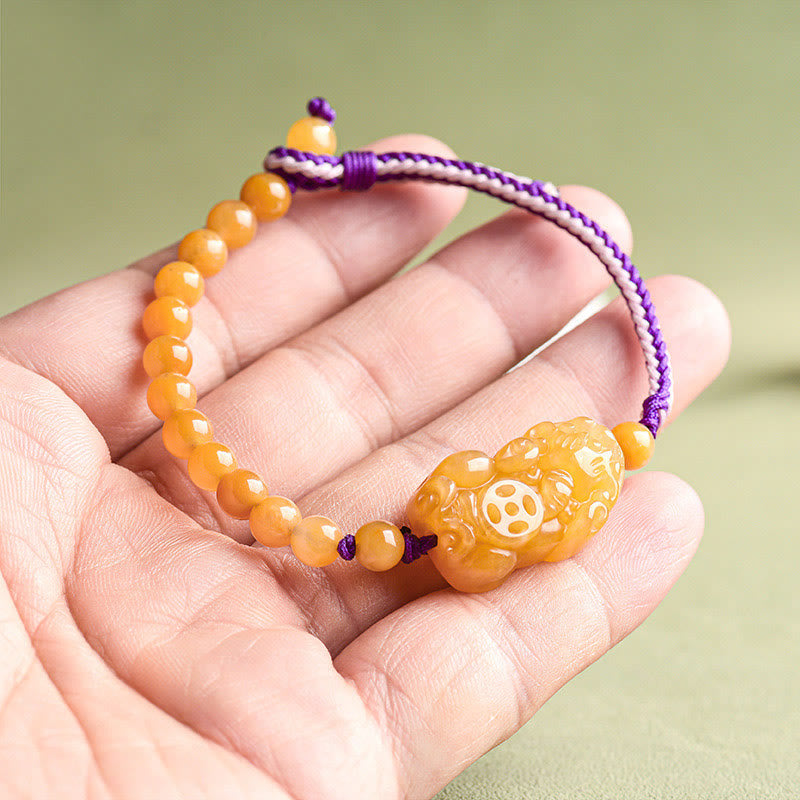 Wear FengShui Golden Silk Jade Beads PiXiu Wealth Bracelet
