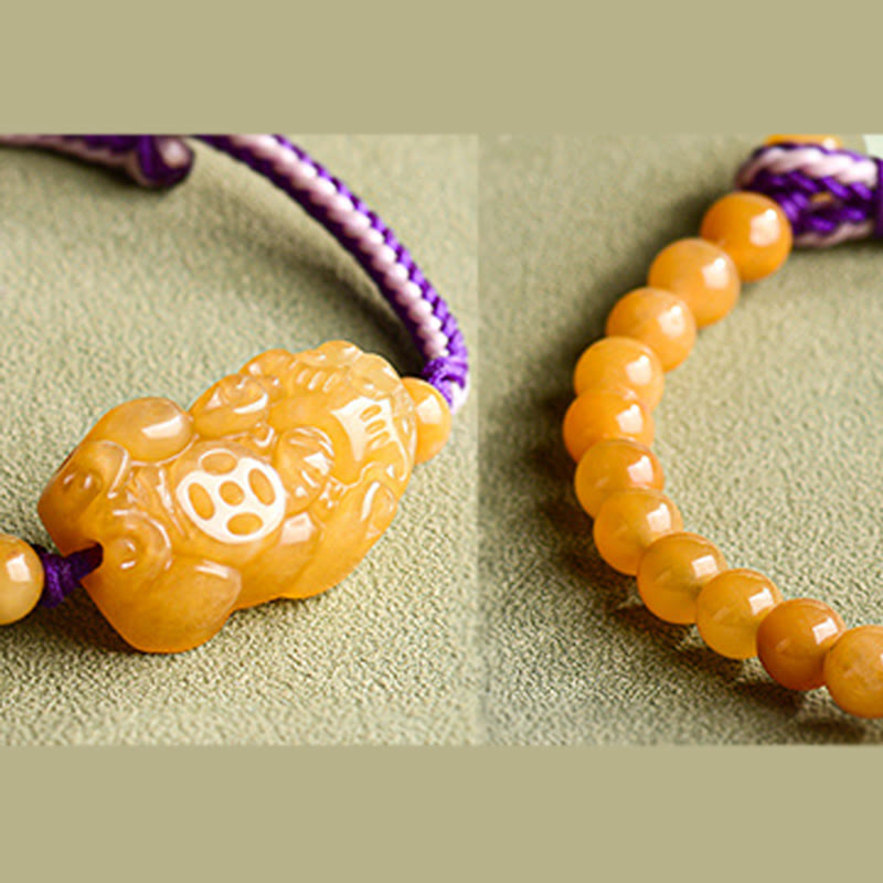 Wear FengShui Golden Silk Jade Beads PiXiu Wealth Bracelet