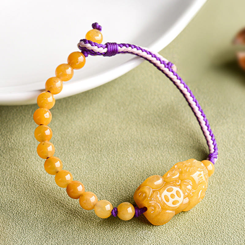 Wear FengShui Golden Silk Jade Beads PiXiu Wealth Bracelet
