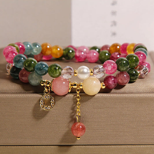Wear FengShui Tourmaline Purple Jade Aquamarine Jade Copper Coin Positive Double Wrap Bracelet