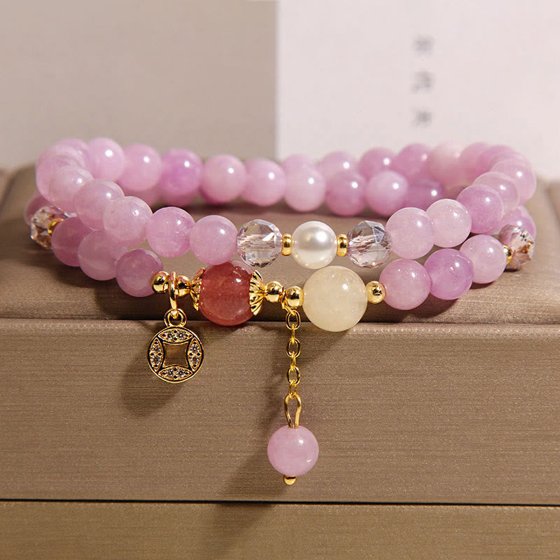 Wear FengShui Tourmaline Purple Jade Aquamarine Jade Copper Coin Positive Double Wrap Bracelet