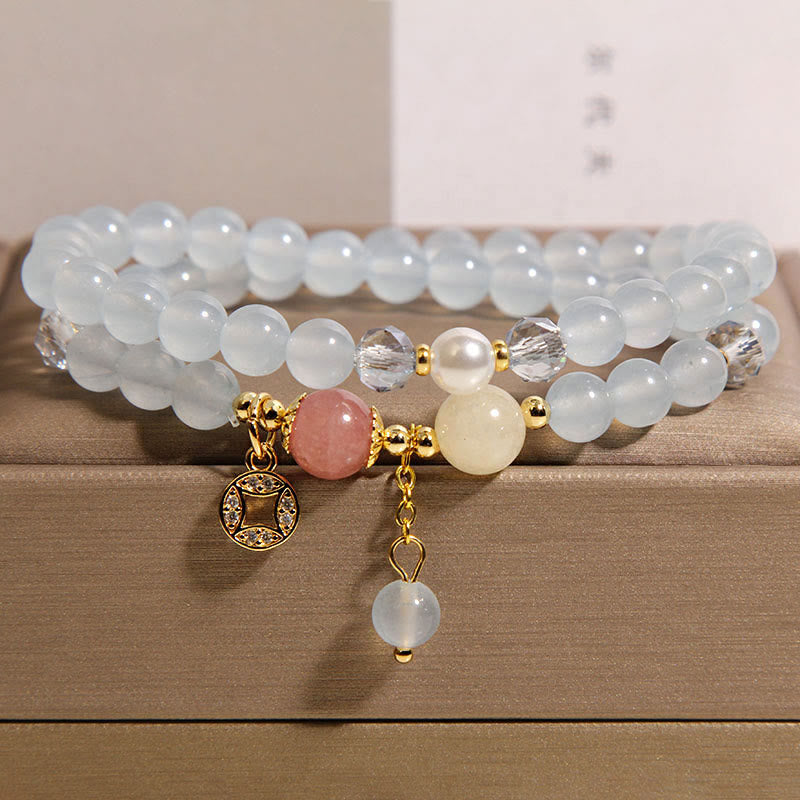 Wear FengShui Tourmaline Purple Jade Aquamarine Jade Copper Coin Positive Double Wrap Bracelet