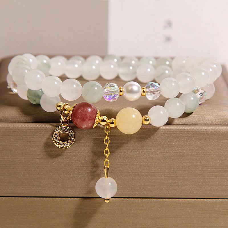 Wear FengShui Tourmaline Purple Jade Aquamarine Jade Copper Coin Positive Double Wrap Bracelet