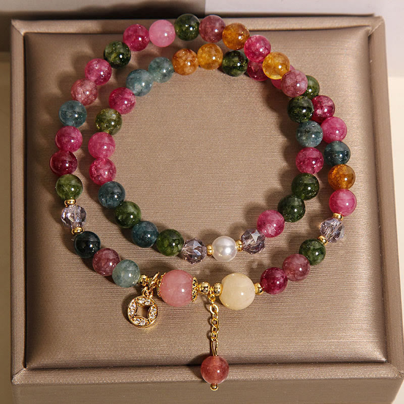 Wear FengShui Tourmaline Purple Jade Aquamarine Jade Copper Coin Positive Double Wrap Bracelet