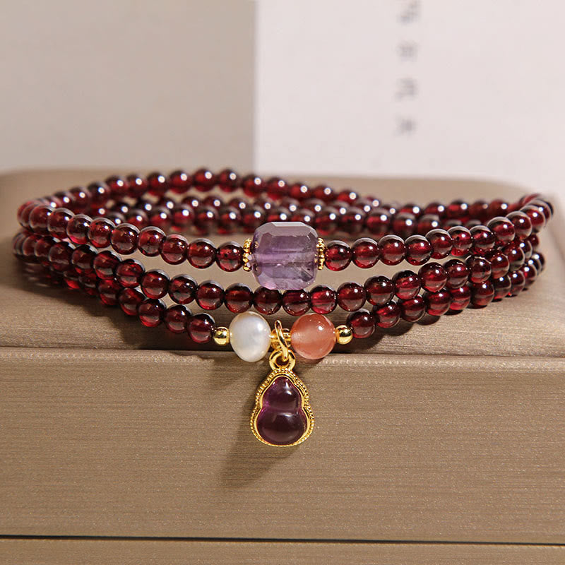 Wear FengShui Natural Garnet Amethyst Gourd Protection Multi-Layer Bracelet