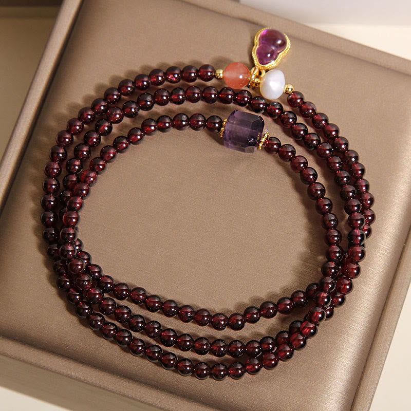 Wear FengShui Natural Garnet Amethyst Gourd Protection Multi-Layer Bracelet