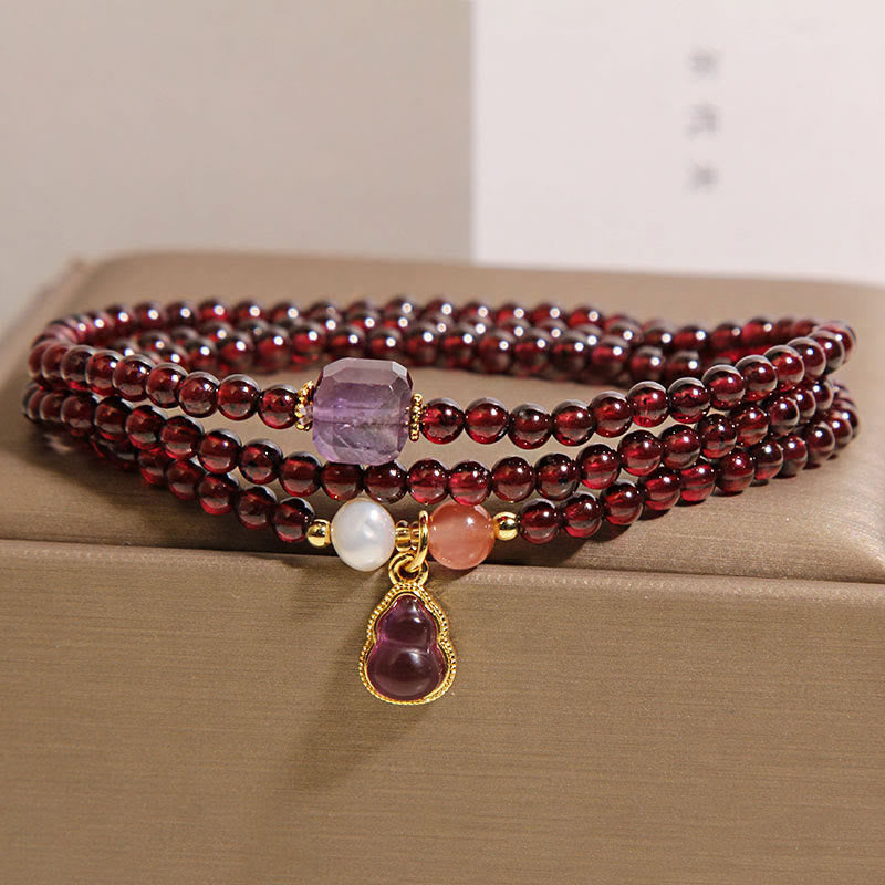 Wear FengShui Natural Garnet Amethyst Gourd Protection Multi-Layer Bracelet