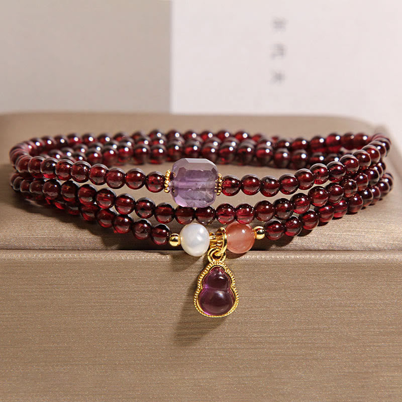 Wear FengShui Natural Garnet Amethyst Gourd Protection Multi-Layer Bracelet