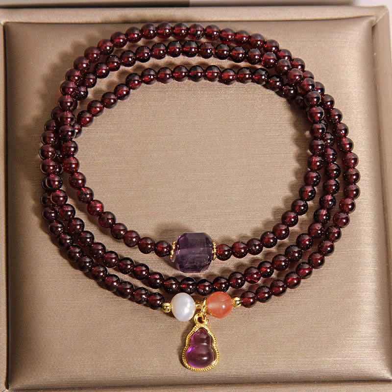 Wear FengShui Natural Garnet Amethyst Gourd Protection Multi-Layer Bracelet