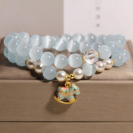 Wear FengShui Blue Cat Eye Trojan Horse Charm Support Double Wrap Bracelet