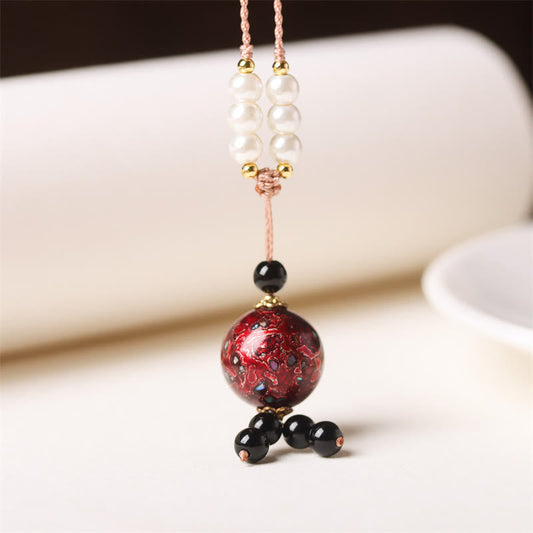 Wear FengShui Ebony Wood Aurora Lacquer Craft Bead Pearl Balance Necklace Pendant