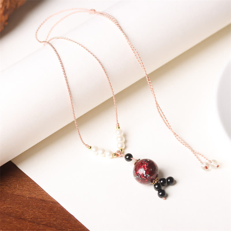 Wear FengShui Ebony Wood Aurora Lacquer Craft Bead Pearl Balance Necklace Pendant