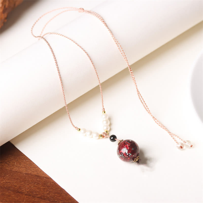 Wear FengShui Ebony Wood Aurora Lacquer Craft Bead Pearl Balance Necklace Pendant