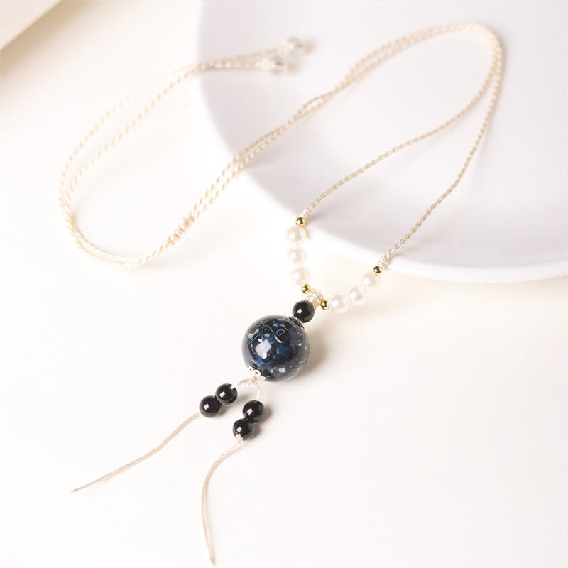 Wear FengShui Ebony Wood Aurora Lacquer Craft Bead Pearl Balance Necklace Pendant