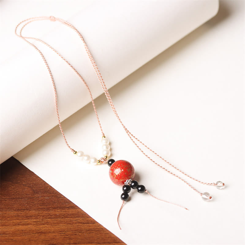 Wear FengShui Ebony Wood Aurora Lacquer Craft Bead Pearl Balance Necklace Pendant