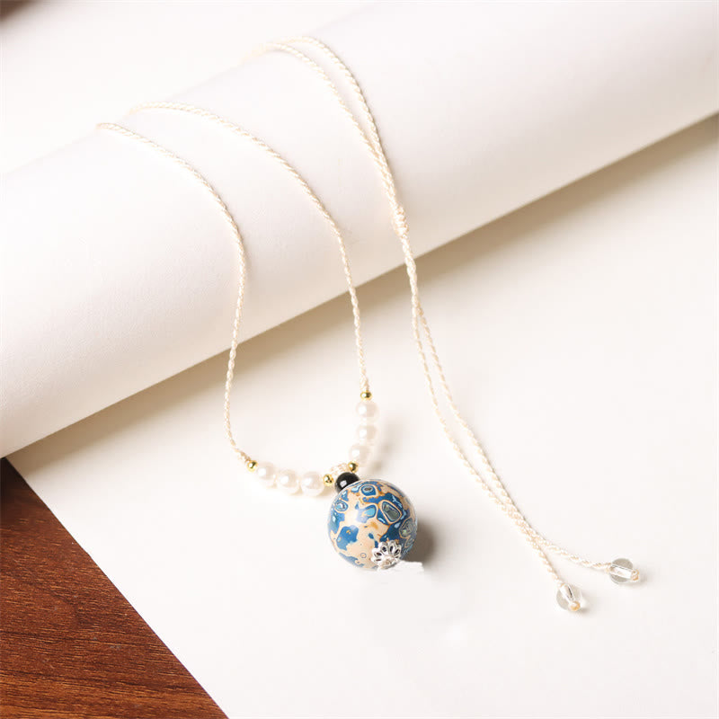 Wear FengShui Ebony Wood Aurora Lacquer Craft Bead Pearl Balance Necklace Pendant