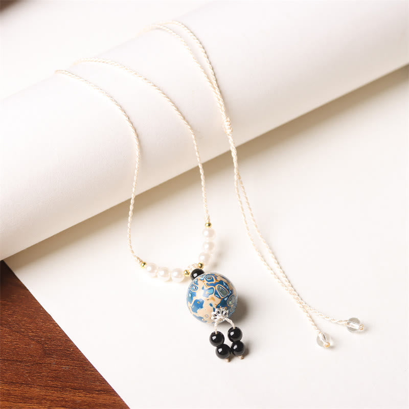 Wear FengShui Ebony Wood Aurora Lacquer Craft Bead Pearl Balance Necklace Pendant