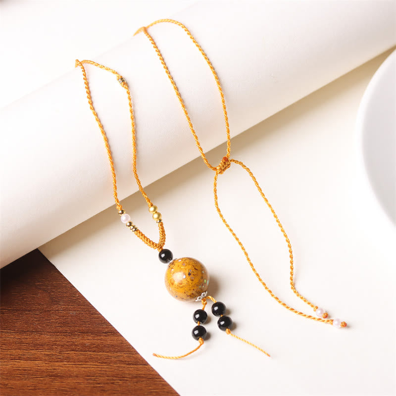 Wear FengShui Ebony Wood Aurora Lacquer Craft Bead Pearl Balance Necklace Pendant
