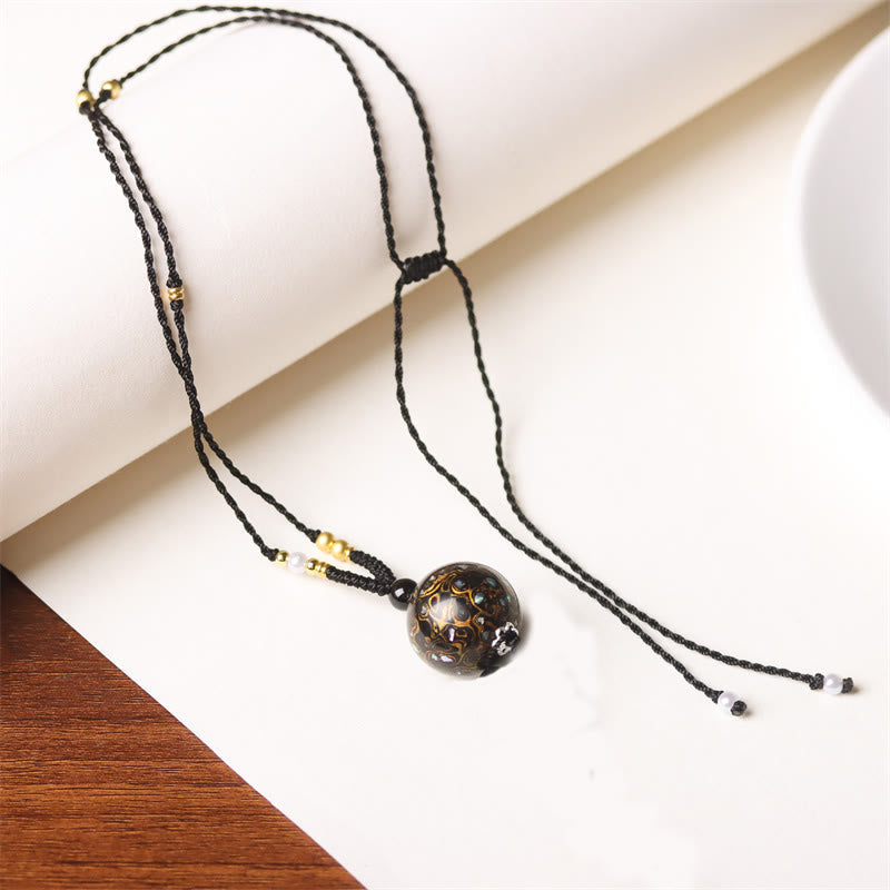 Wear FengShui Ebony Wood Aurora Lacquer Craft Bead Pearl Balance Necklace Pendant